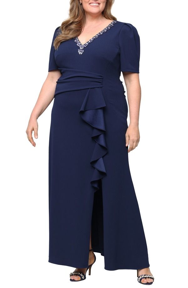 アレックスイブニングス レディース トップス ワンピース クレープ Alex Evenings Embellished Stretch Crepe Gownavy ネイビー