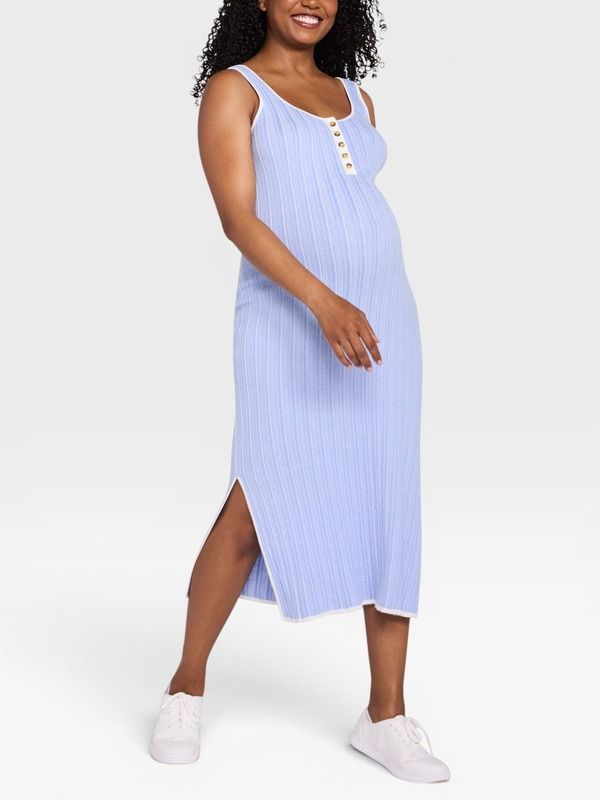 マザーフッドマタニティー レディース トップス ワンピース ミディ ノースリーブ MOTHERHOOD MATERNITY Sleeveless Nursing Henley Midi Dress Peacoat Stripe ストライプ