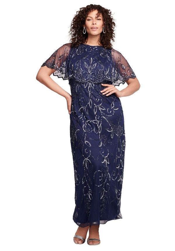 ロアマンズ レディース トップス ワンピース プラスサイズ キャップ ケープ マキシ Roamans Plusize Beaded Capelet Maxi Gown Glam Evening Dress Navy ネイビー 37,570円