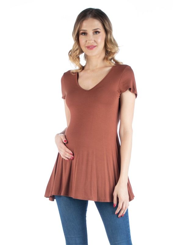 24 セブンコンフォート レディース トップス シャツ マタニティ 24seven Comfort Apparel Maternity Short Sleeve Flared Tunic Top Brown ブラウン
