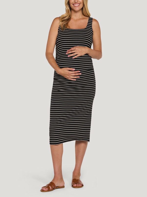 マザーフッドマタニティー レディース トップス ワンピース ギャザー ミディ ノースリーブ MOTHERHOOD MATERNITY Sleevelesside Ruched Midi Dress Black Vanilla Stripe ブラック