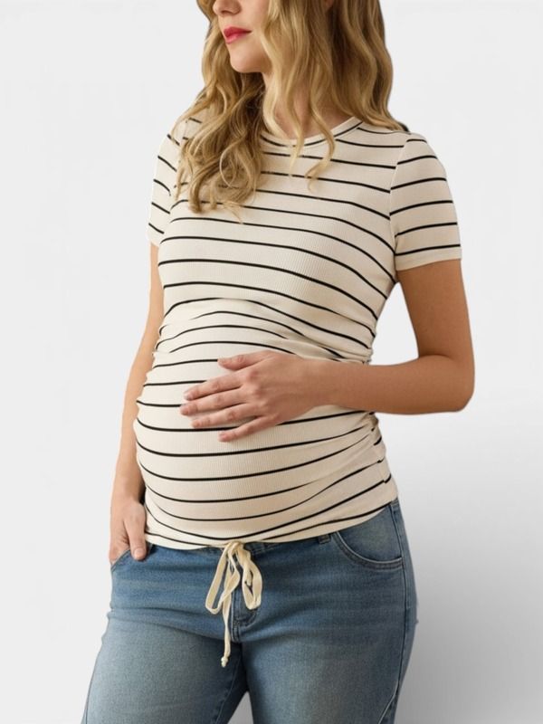 マザーフッドマタニティー レディース トップス シャツ クルーネック ギャザー MOTHERHOOD MATERNITY Womens Crew Neck SideRuched Maternity Short Sleeve Top Vanilla Black