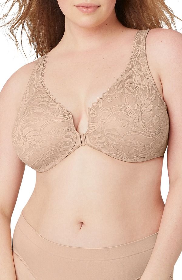 グラマライズ レディース アンダーウェア ブラジャー レース Glamorise WonderWire Front Close Stretch Lace Underwire Bra Cafe
