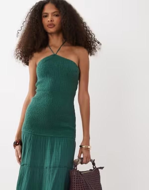 マンゴ レディース トップス ワンピース ティアード Tシャツ マキシ ホルター Mango Teen halterneck tiered maxi dress GREEN グリーン