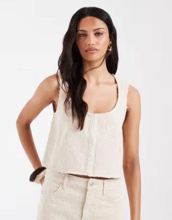 エイソス レディース トップス Tシャツ デニム ASOS DESIGN round neckline texturedenim top Ecru エクリュ