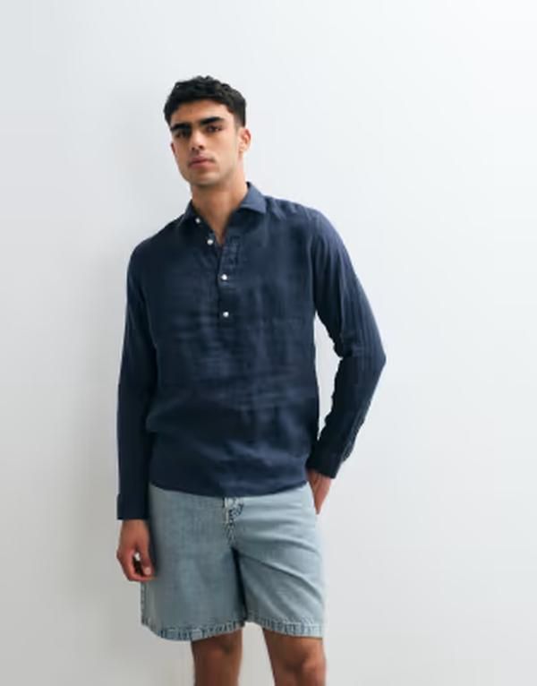 マンゴ メンズ トップス シャツ リネン Mango 100 linen relaxed shirt in mid BLUE ブルー