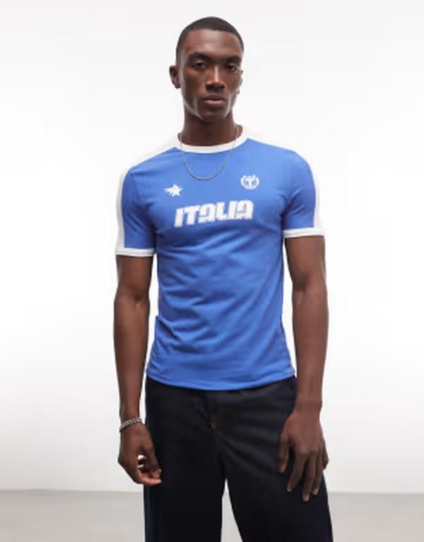 エイソス メンズ トップス Tシャツ グラフィック ASOS DESIGN muscle ringer Tshirt with Italia soccer graphic NOUVEANAVY ネイビー