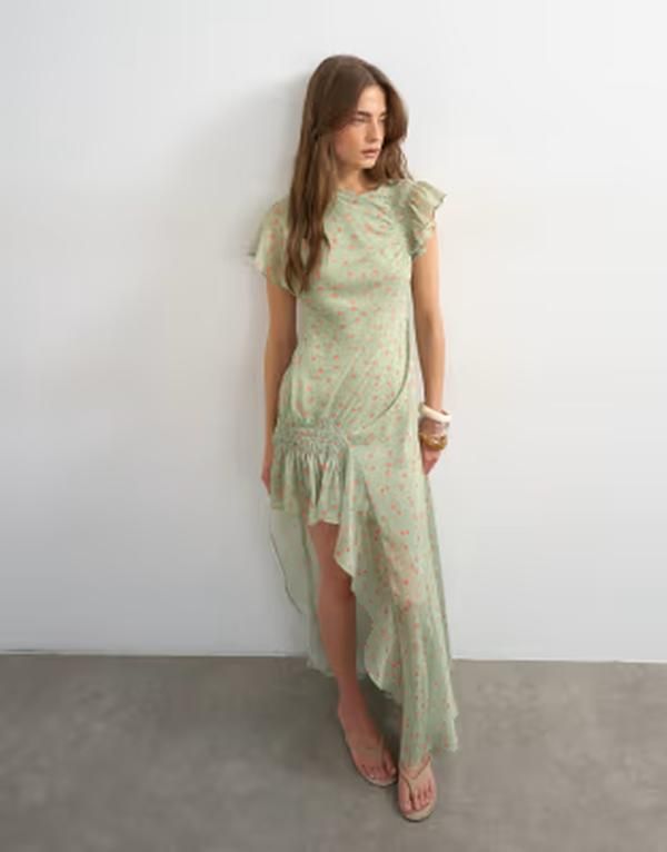 トップショップ レディース トップス ワンピース ドット柄 シフォン ドット マキシ Topshopremium chiffon high low maxi dress with smocking detail polka dot Green Spot グリー