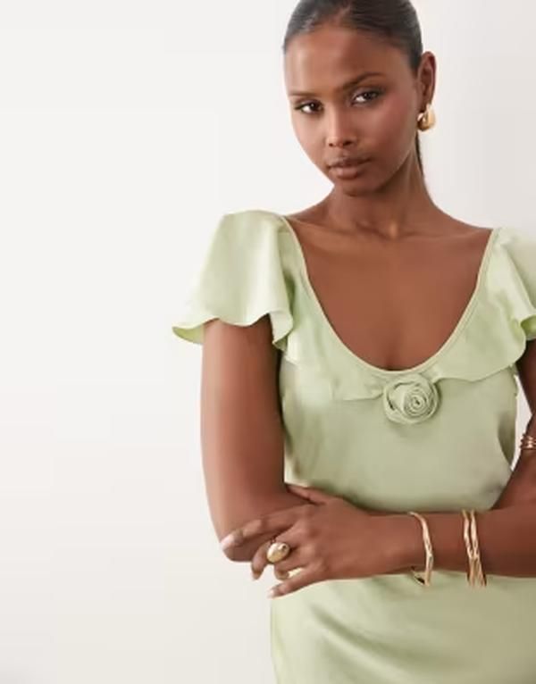 ヴェロモーダ レディース トップス ワンピース キャップ マキシ Vero Moda cap sleeve rose detail maxi dress in sage Celadon green グリーン