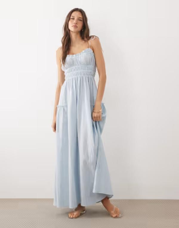 エイソス レディース トップス ワンピース マキシ ASOS DESIGN Faith beach shirred maxi sundress in soft Blue ブルー