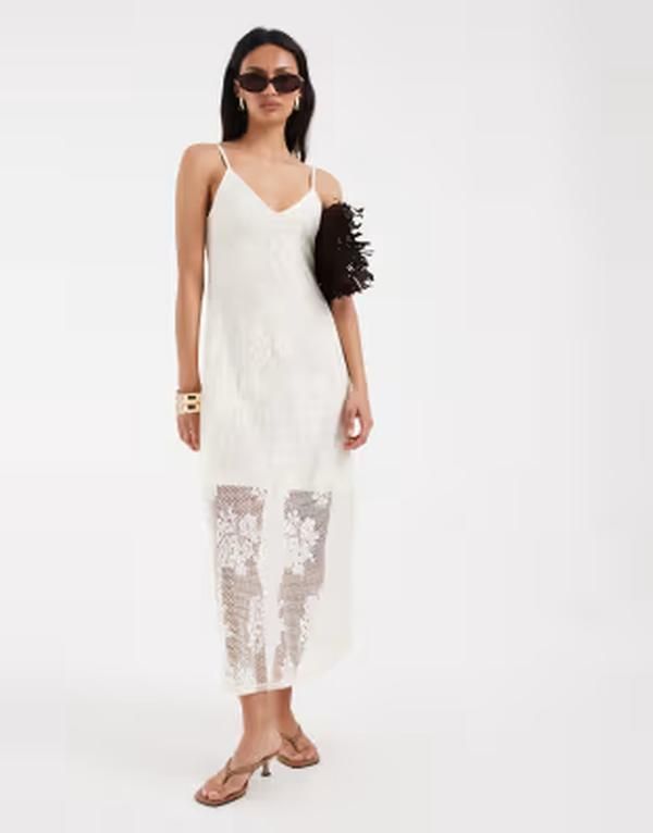 オブジェクト レディース トップス ワンピース ミディ レース Object allover lace camidi dress in cream Birch クリーム