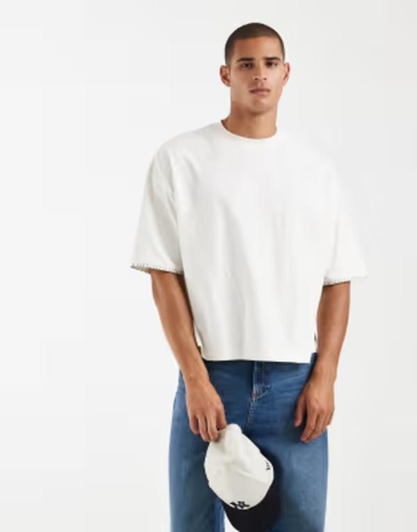 エイソス メンズ トップス Tシャツ コントラスト ASOS DESIGN heavyweight boxy oversized tshirt with contrastitching in cream Coconut milk クリーム