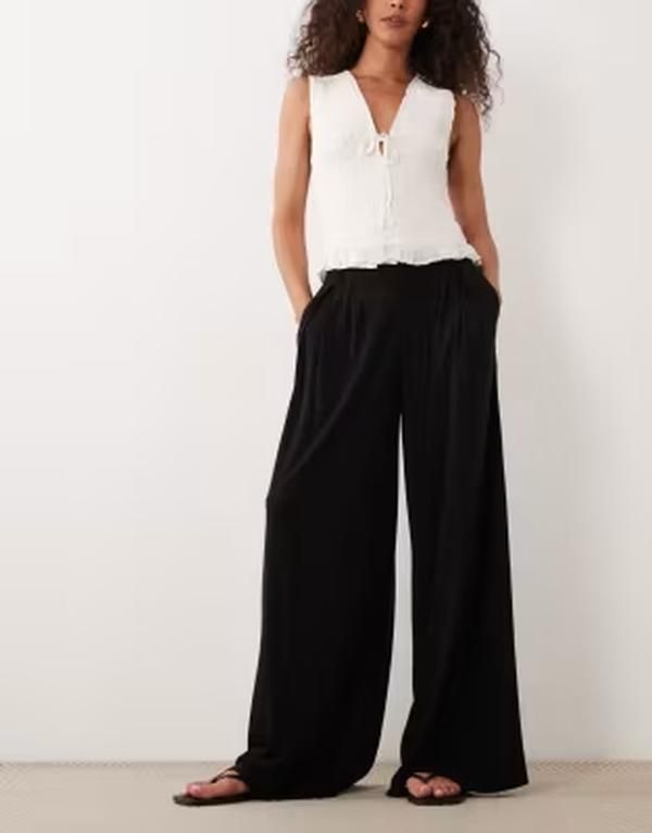 エイソス レディース ボトムス カジュアルパンツ ワイドレッグ リネン ASOS DESIGN viscoselinen blend super wide leg pants Black ブラック
