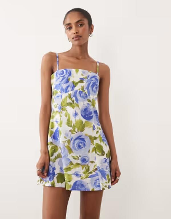 エイソス レディース トップス ワンピース フラワー柄 プリント ミニ コットン リネン フラワー ASOS DESIGN cotton linen camini sundress with shaped bust floral print Blue Flor