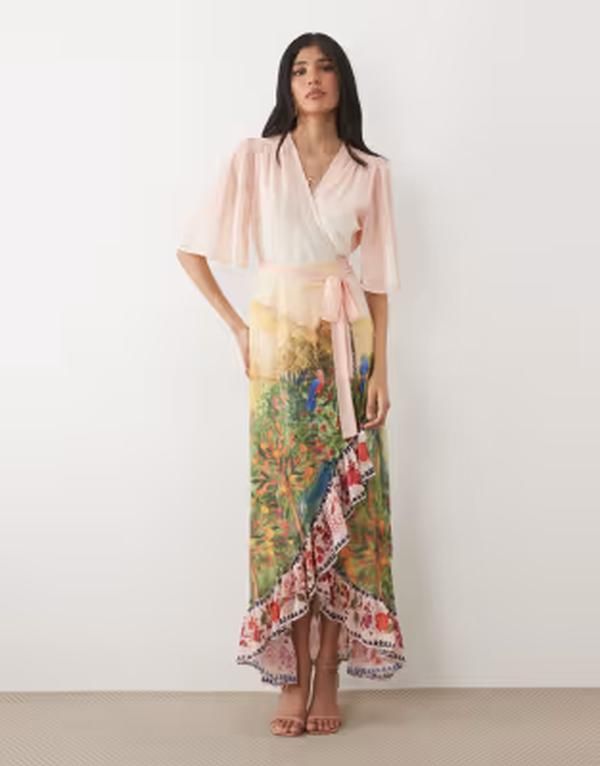 ホープ＆アイビー レディース トップス ワンピース フラワー柄 マキシ フラワー Hope Ivy flutter sleeve wrap maxi dress floral boarder scene Pink multi ピンク