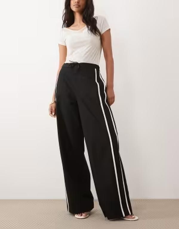 マンゴ レディース ボトムス カジュアルパンツ Mango tie waistraight pants with side stripe Black ブラック