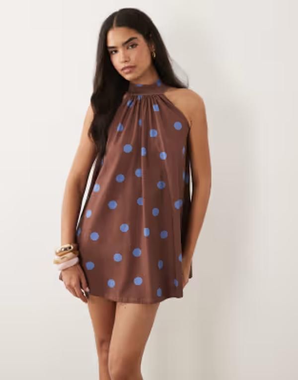 エイソス レディース トップス ワンピース ミニ ASOS DESIGN bow detail mini dress and blue spot Brown Spot ブラウン