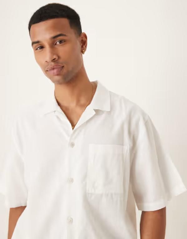 コットンオン メンズ トップス シャツ リネン Cotton Elinen blend short sleeve shirt in textured white ホワイト