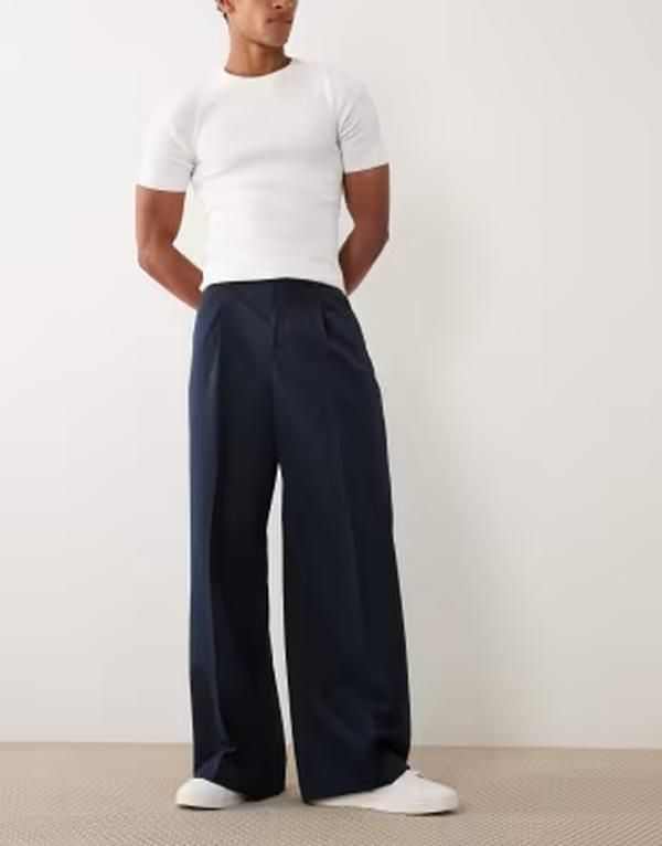 エイソス メンズ ボトムス カジュアルパンツ プリーツ ASOS DESIGN smart pleated loose leg pants NAVY ネイビー