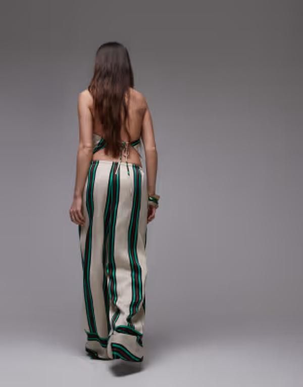 トップショップ レディース ボトムス カジュアルパンツ サテン Topshop mid rise deep cuff satin pants with burgundy and teal stripes part of a set gray グレー