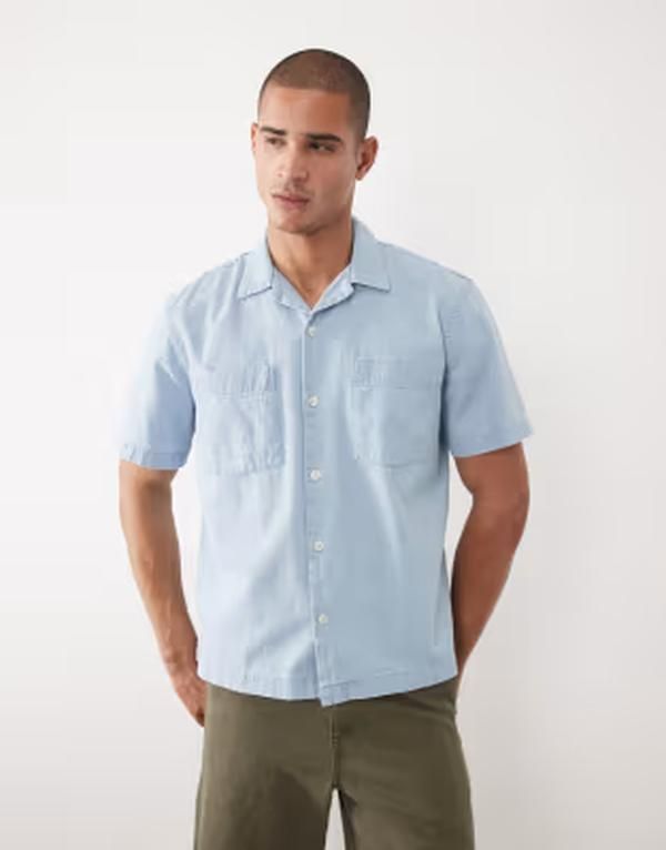 セレクティッド メンズ トップス シャツ デニム Selected light denim short sleeve shirt in light Blue Denim デニム