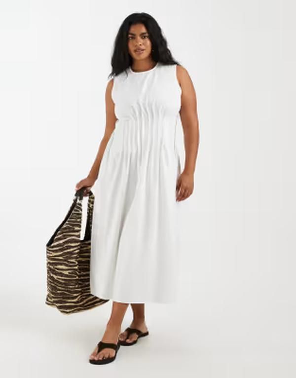 ヴェロモーダ レディース トップス ワンピース プリーツ ミディ ノースリーブ Vero Moda Curve poplin pleated waist sleeveless midi dressnowhite ホワイト