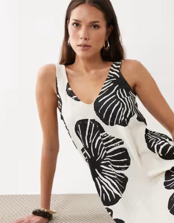 エイソス レディース トップス ワンピース Vネック プリント ノースリーブ マキシ ASOS DESIGN sleeveless vneck trapeze maxi dress and cream leaf print BLACK AND CREAM LE