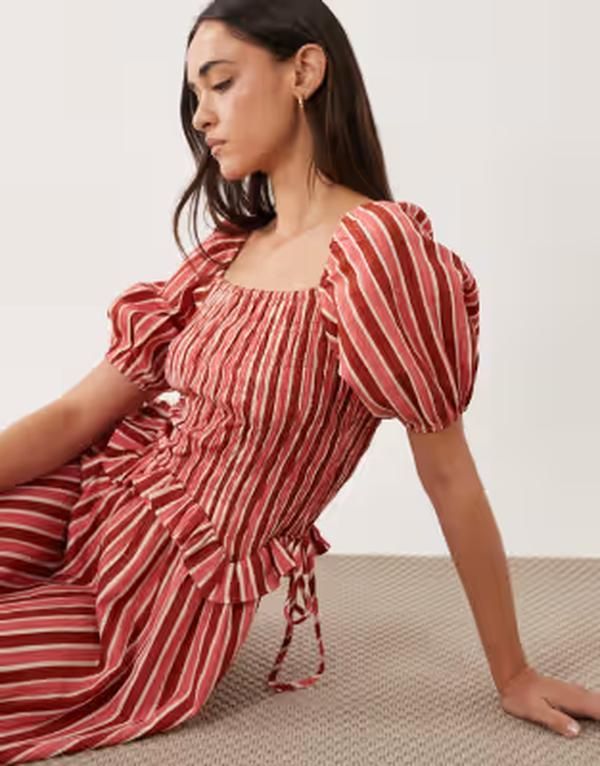 ウェンズデーガール レディース トップス ワンピース Wednesdays Girl shirred puff sleeve midaxi dresstripes PINK ピンク