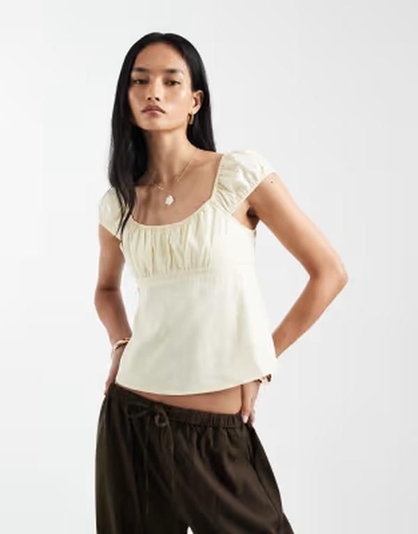 コットンオン レディース トップス Tシャツ ブラウス Cotton tie back babydoll blouse in vanilla glow VANILLA GLOW