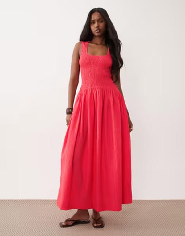 エイソス レディース トップス ワンピース マキシ ASOS DESIGN crinkle scoop neck maxi sundress with shirred waist in fiery Red レッド