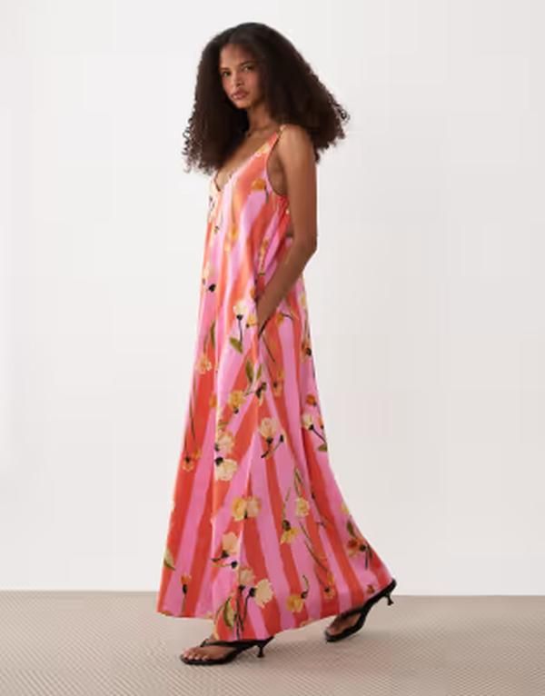 エイソス レディース トップス ワンピース Vネック フラワー柄 ノースリーブ マキシ フラワー ASOS DESIGN sleeveless V neck trapeze maxi dress in floral stripe Floral Stripe ス