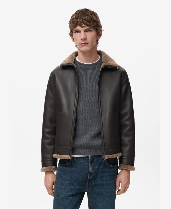 マンゴ メンズ アウター ジャケット・ブルゾン レザー フリース MANGO Mens FauxLeather Fleece Jacket Chocolate チョコレート