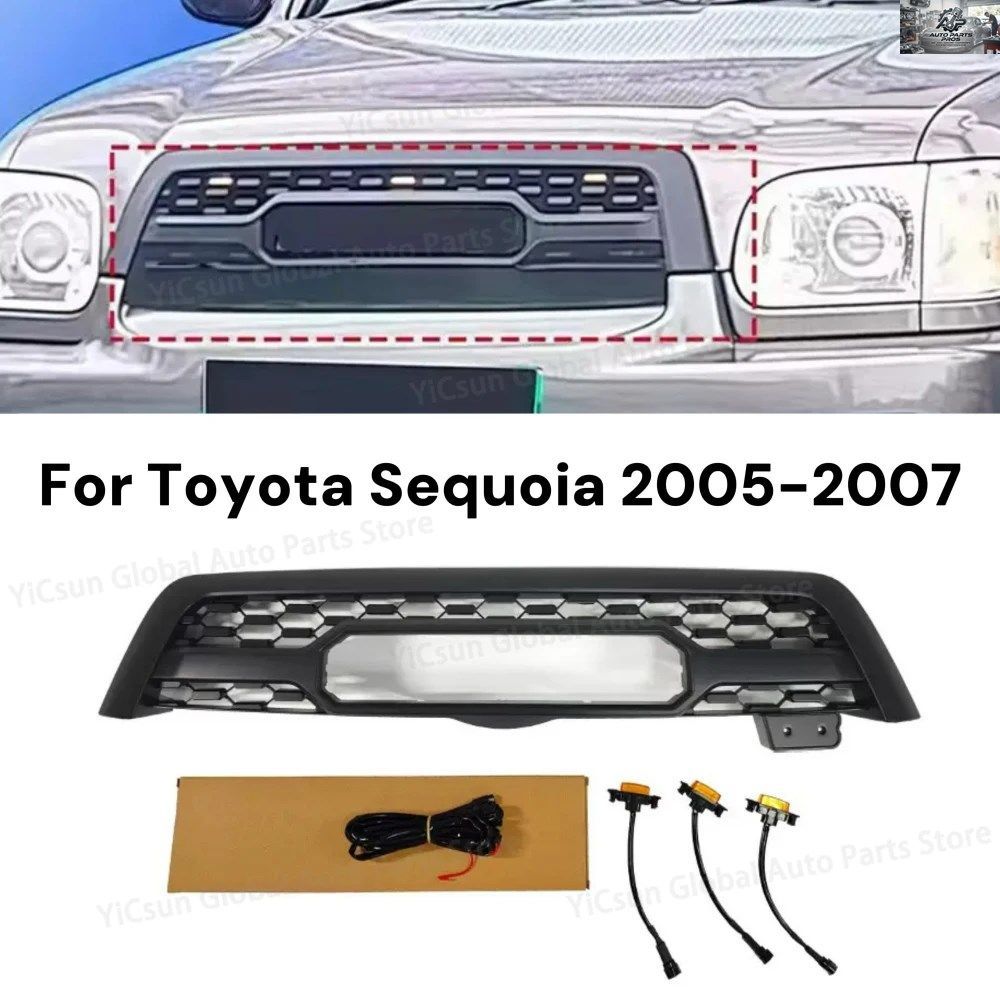 車のフロントレーシングフェイスリフトメッシュグリル（LEDライト付き）トヨタセコイアグリル2005-2007 ABSフロントグリルトリム