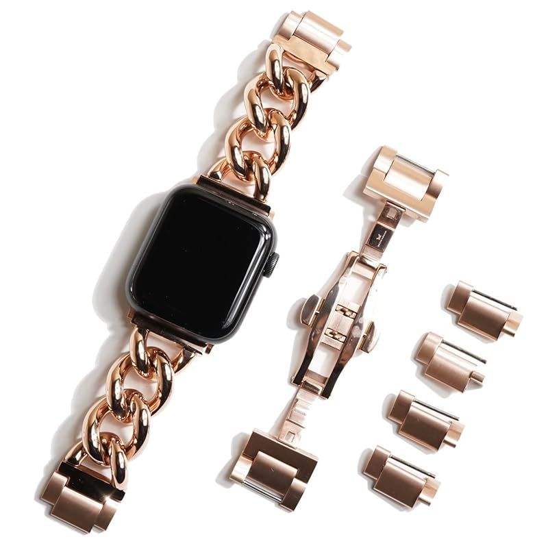 [Royce&Roland] AppleWatch用 チャンキー チェーンベルト (シルバー/ステンレス) 工具不要 バタフライバックル (44mm 45mm 46mm 49mm, ピンクゴールド)