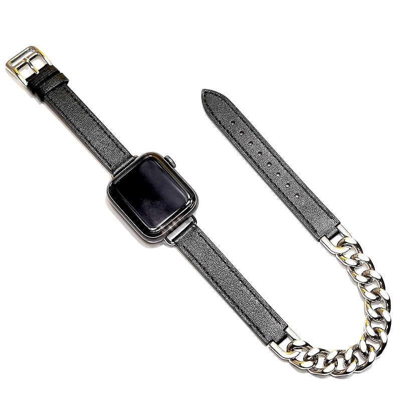 Royce&Roland Apple watch チェーン & レザー バンド (ステンレス 本革/シルバー ブラック) アップルウォッチ/鎖 バンドチェーン ベルト (40mm 41mm 42mm) レディース/ギフト プレゼント (Series 11 1