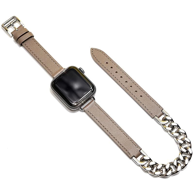 Royce&Roland Apple watch チェーン & レザー ベルト (40mm 41mm 42mm) おしゃれ アップルウォッチ バンド レザーバンド/ステンレス 本革/シルバー グレー (Series 11 10 9 8 7 6 5 4 SE U