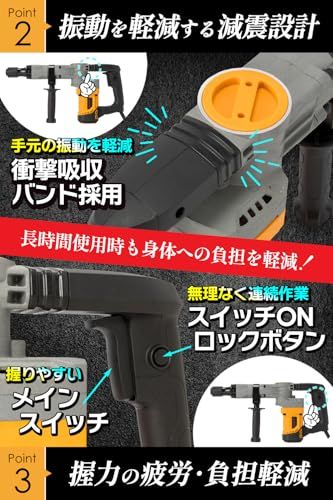 コンクリートハンマー 強力 4590bpm 斫り・破砕・穴あけ対応 チゼル3種付属(平・尖・広幅)六角軸シャンク 360度回転ハンドル 重量5.6kg 軽量 電動ハンマー 専門のコンクリート破壊ツールで 庭の根掘り 解体工事 DIY 床破壊 fae8b792 コンクリートハンマー 強力 4590bpm 斫り・破砕・穴あけ対応 チゼル3種付属(平・尖・広幅)六角軸シャンク 360度回転ハンドル 重量5.6kg 軽量 電動ハンマー 専門のコンクリート破壊ツールで 庭の根掘り 解体工事 DIY 床破壊 fae8b792