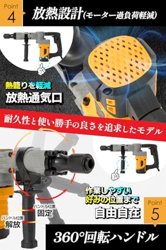 コンクリートハンマー 強力 4590bpm 斫り・破砕・穴あけ対応 チゼル3種付属(平・尖・広幅)六角軸シャンク 360度回転ハンドル 重量5.6kg 軽量 電動ハンマー 専門のコンクリート破壊ツールで 庭の根掘り 解体工事 DIY 床破壊 fae8b792 コンクリートハンマー 強力 4590bpm 斫り・破砕・穴あけ対応 チゼル3種付属(平・尖・広幅)六角軸シャンク 360度回転ハンドル 重量5.6kg 軽量 電動ハンマー 専門のコンクリート破壊ツールで 庭の根掘り 解体工事 DIY 床破壊 fae8b792