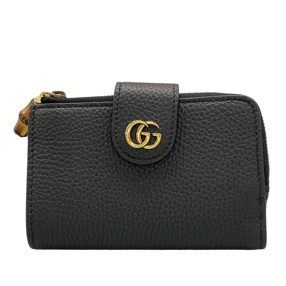 GUCCI(グッチ) 2つ折り財布 バンブー,ダブルG ミディアム ウォレット 739498 黒 レザー