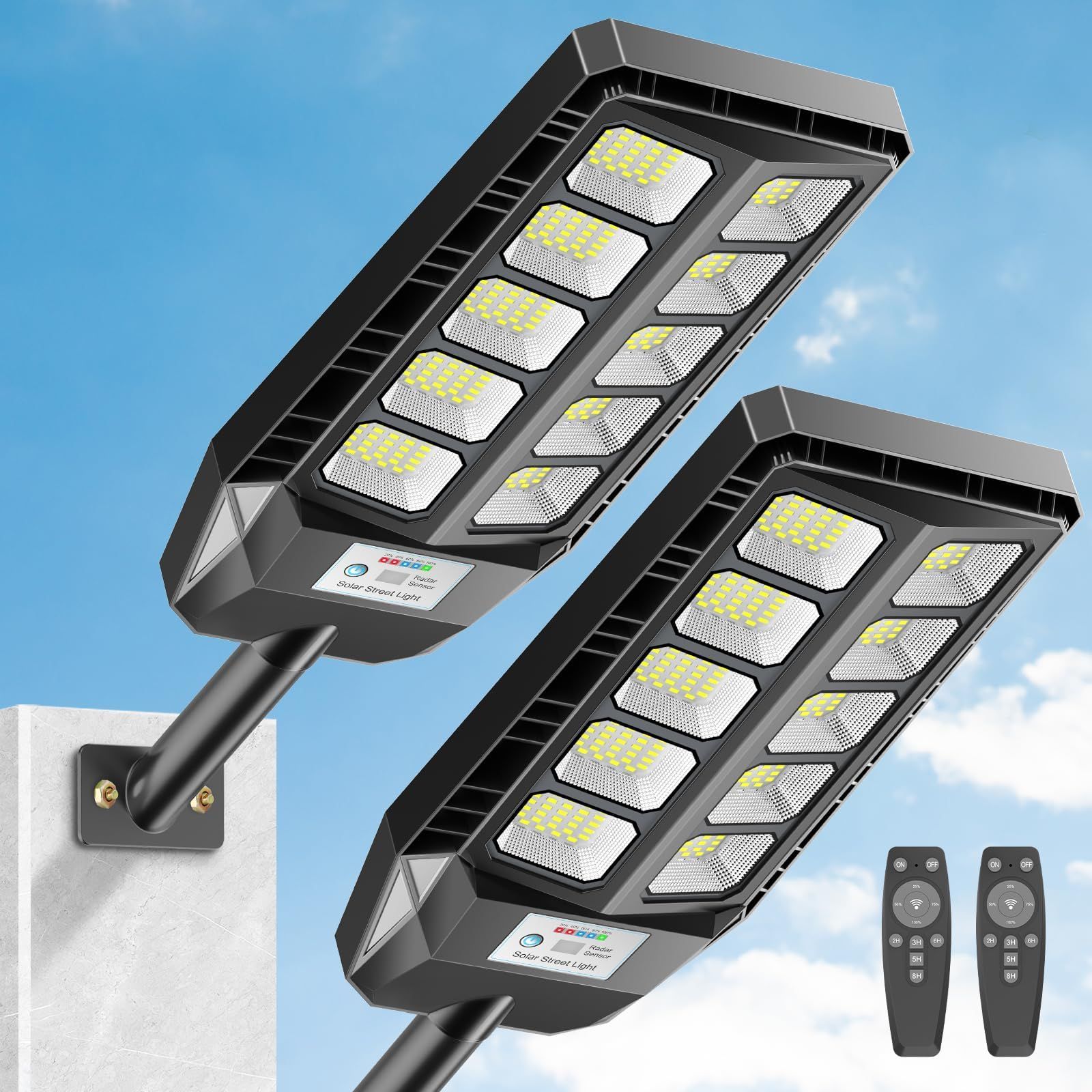 IP66防水 超高輝度 500W ソーラーライト 15000ルーメン 夜間自動点灯 10000mAh 外灯 パネル一体型 リモコン操作 人感センサーライト 点灯時間/明るさ調整 太陽発電 省エネ Adewalk 電気代ゼロ 庭園灯 屋外 街路灯 防犯灯 駐車場