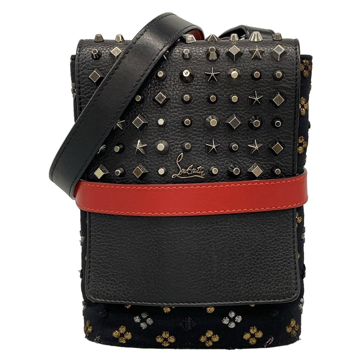 CHRISTIAN LOUBOUTIN(クリスチャンルブタン) ショルダーバッグ ベンチリポーター 黒×レッド×マルチ スタッズ/刺繍 レザー