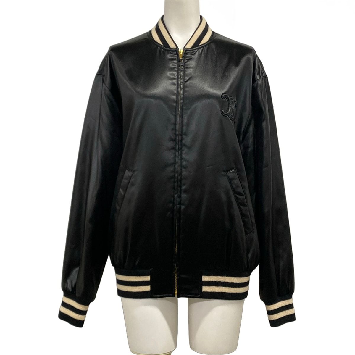 CELINE(セリーヌ) ブルゾン サイズ34 S レディース美品 - 2V46J199Q 黒×白 カザックジャケット/スタジャン/トリオンフ/中綿/春/秋 シルク