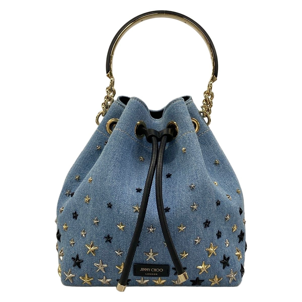 JIMMY CHOO(ジミーチュウ) ハンドバッグ ボンボン ライトブルー×黒×ゴールド スタッズ/スター(星)/巾着型/ホログラムシールなし