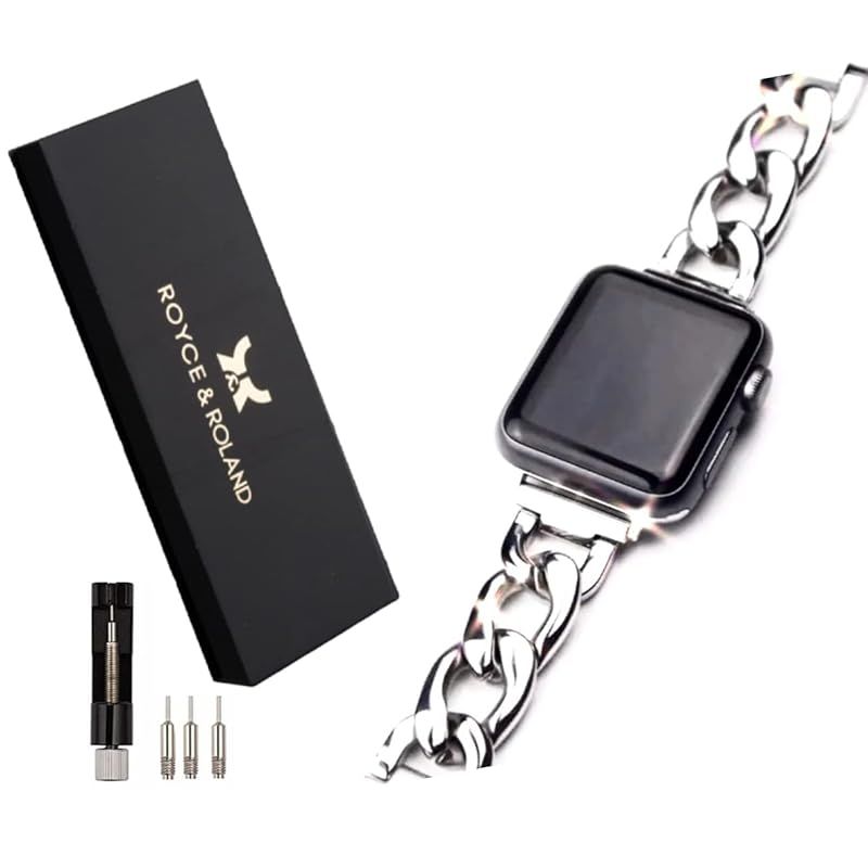 Royce&Roland Apple watch 高級 チェーンバンド コマ調整器付き (44mm 45mm 46mm 49mm) おしゃれ アップルウォッチ バンド ベルト/ステンレス シルバー (Series 10 9 8 7 6 5 4 SE Ult 0