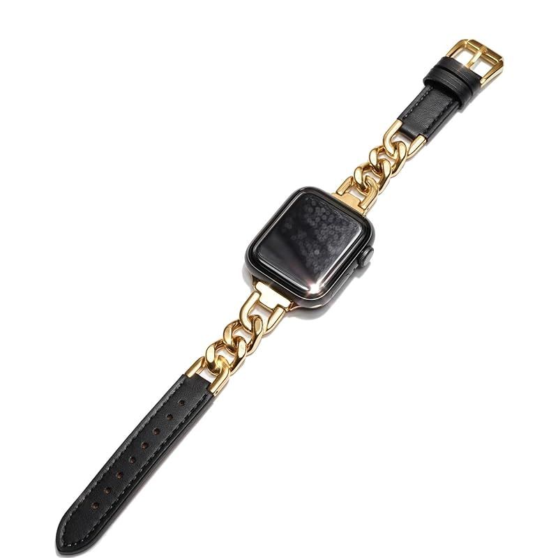 Royce&Roland Apple watch チェーン & レザー ベルト おしゃれ アップルウォッチ 時計 バンド (ステンレス/シルバー 本革) レディース ギフト プレゼント (40mm 41mm 42mm, ゴールド/ブラック)