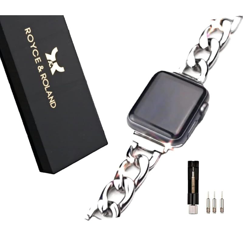 Royce&Roland Apple watch 高級 バンドチェーン コマ調整器付き/ステンレス シルバー (40mm 41mm 42mm) 長さ調整/アップルウォッチ 鎖 ベルト (Series 11 10 9 8 7 6 5 4 SE Ultra) レデ
