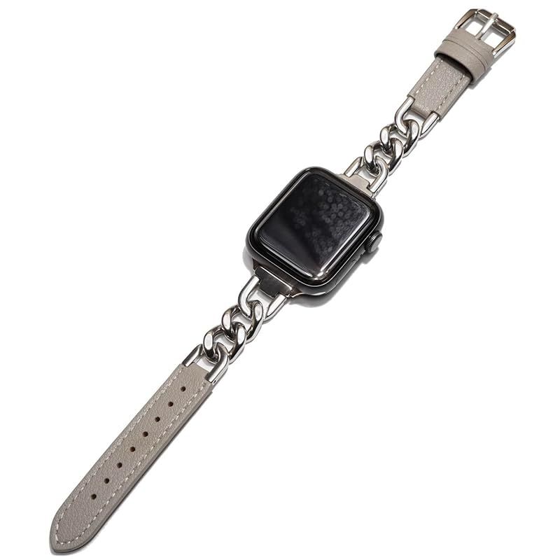 Royce&Roland Apple watch チェーン & レザー ベルト おしゃれ アップルウォッチ 時計 バンド (ステンレス/シルバー 本革) レディース ギフト プレゼント (44mm 45mm 46mm 49mm, シルバー/グレイ)