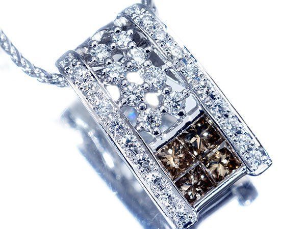 【ジュエリー極】極上！プリンセス天然ブラウンダイヤモンド0.60ct＆脇ダイヤ0.40ct 高級Pt900＆Pt850ネックレス h8550rr【送料無料】