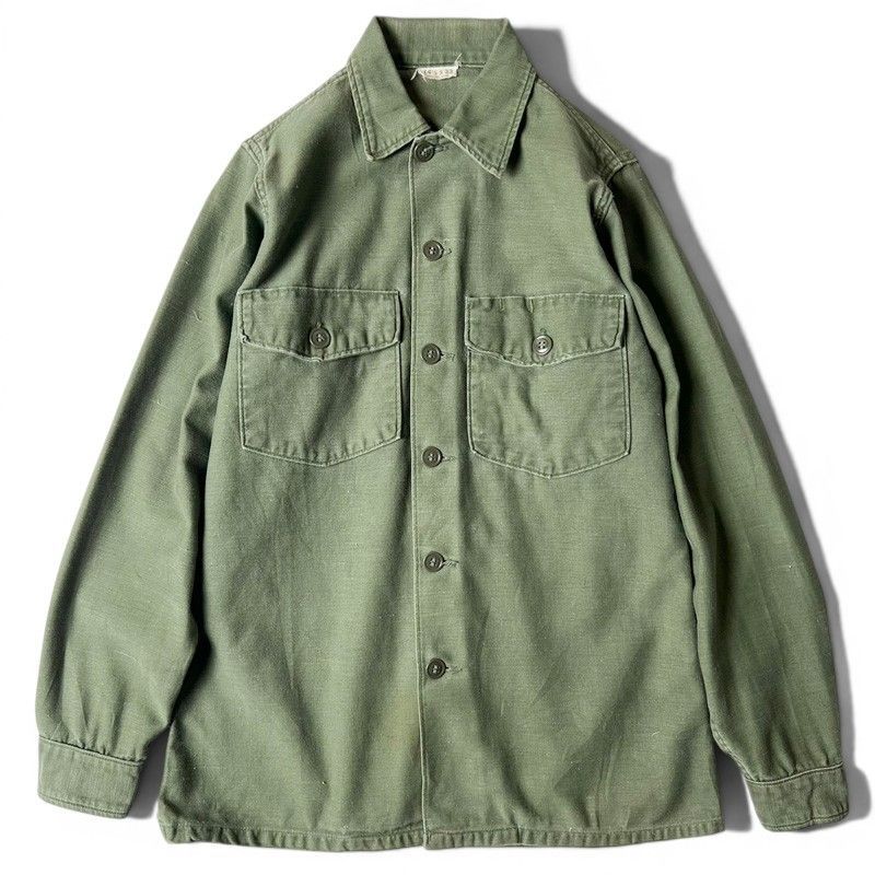 60s US ARMY 米軍実物 OG-107 コットン サテン ユーティリティ シャツ 1st シャツ袖 14 1/2 / 60年代 ビンテージ ミリタリー ジャケット オリーブ
