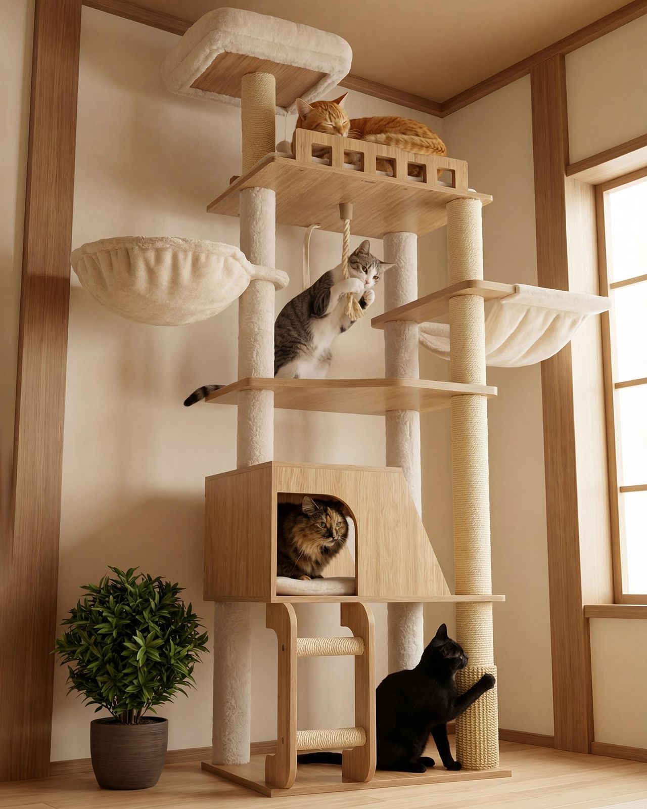 Heyblyキャットタワー 木製 据え置き型 猫タワー 冬夏兼用 2種類ハンモック 展望台 取り外し可能 お手入れ簡単 天然麻紐 爪研ぎ棒 グルーミングブラシ プレミアム 多段猫爬架 高さ177cm HCT122BTJu 763e9298